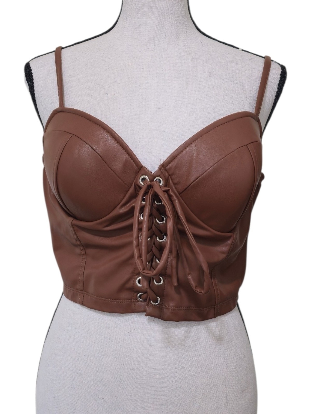 Blashe Chocolate Brown Faux Leather Corset Bustier Top Large Festival Pirate Y2k